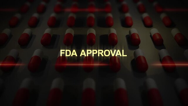 FDA Approval Text over Manufactured Pill Conveyor Belt Animation