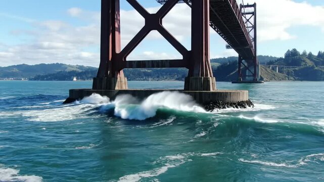 Waves crashing against the base of a Golden Gate Bridge pylon on a sunny day with blue water