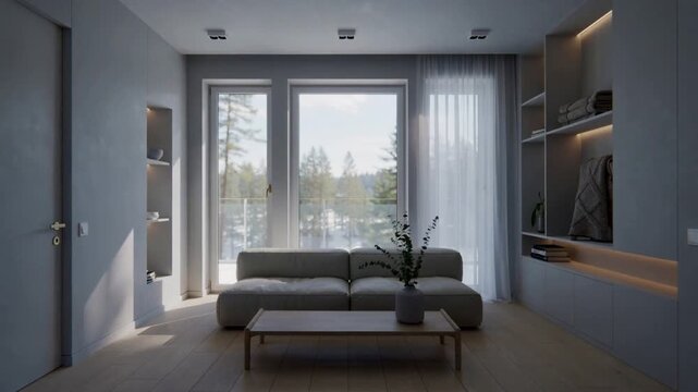 Sunlight, breeze shifting across balcony living room, revealing beige sofa and table with vase