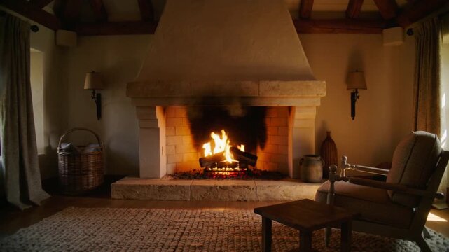 Flickering stone hearth burning logs warming cozy living room, sending smoke and darkening wall