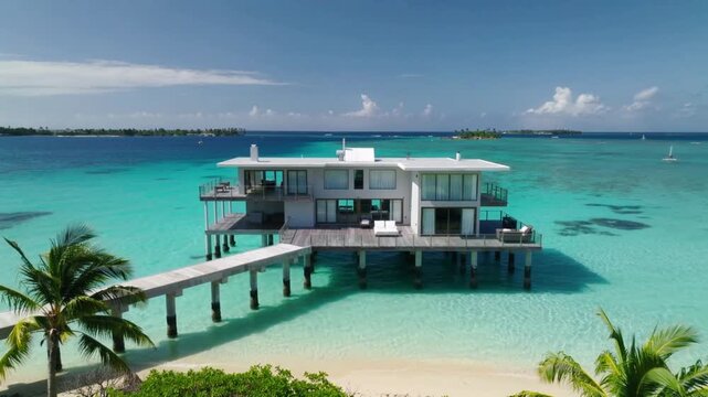 Launching drone capturing overwater villa on stilts in clear lagoon for resort listing, with pier