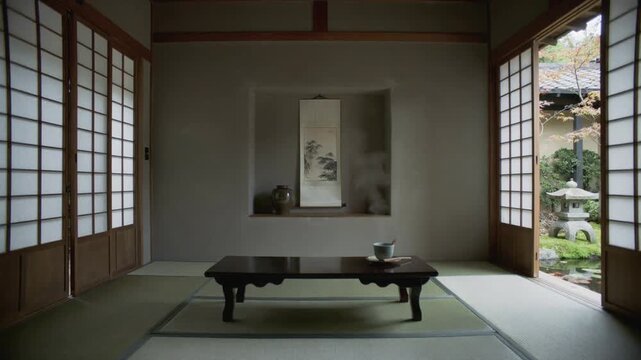 Shifting sunlight revealing low lacquered wooden table on tatami, highlighting teacup and tokonoma