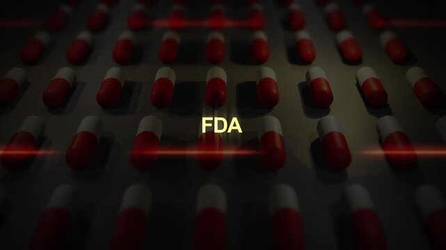  FDA Text over Manufactured Pill Conveyor Belt Animation