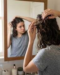 Naklejka premium Daily routine of a young woman styling her natural textured hair by a mirror
