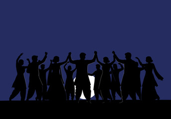 Obraz premium Group of diverse people silhouette joyful pose on dark blue background illustration