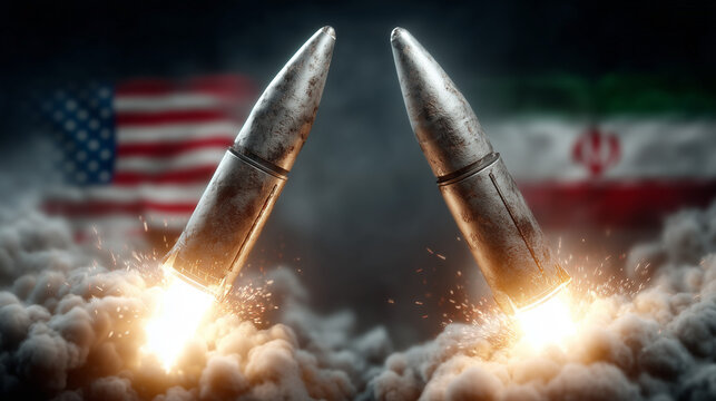 The Clash of Ideologies: Two missiles colliding, symbolic of the tension and conflict between the United States and Iran, against the backdrop of their respective flags.
