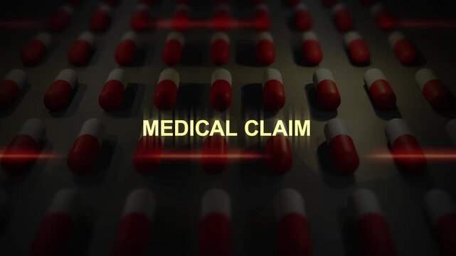 Medical Claim Text over Manufactured Pill Conveyor Belt Animation