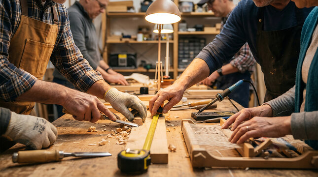 Skilled artisans meticulously measure and shape wood with various tools in a bustling workshop environment, fostering creativity and collaborative skill development.