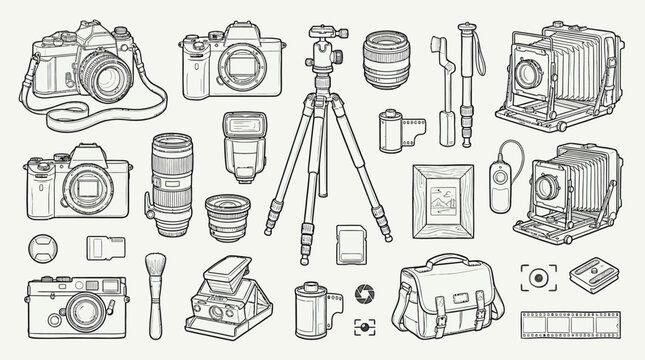 A comprehensive collection of vintage and modern photography equipment, including cameras, lenses, tripods, flashes, and accessories, all rendered in a detailed line art style.