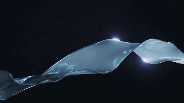 Drifting sheer ribbon swaying in dark void while upper right beam striking, showing bright glints