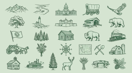 A collection of vintage-style illustrations depicting various elements of American history and nature, including landmarks, wildlife, and industry. © KN collection