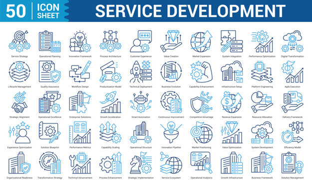 Service Development Editable Icon Set Collection Concept With Icon Of service strategy, operational planning, innovation framework, process architecture, customer experience, value creation, and more.