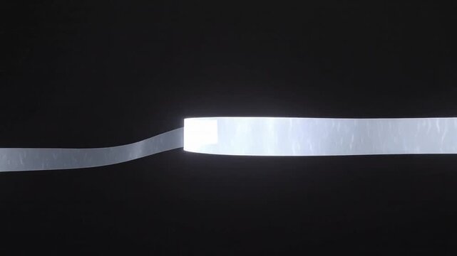 Shifting narrow luminous ribbon traveling right across black set, initial kink smoothing into wave