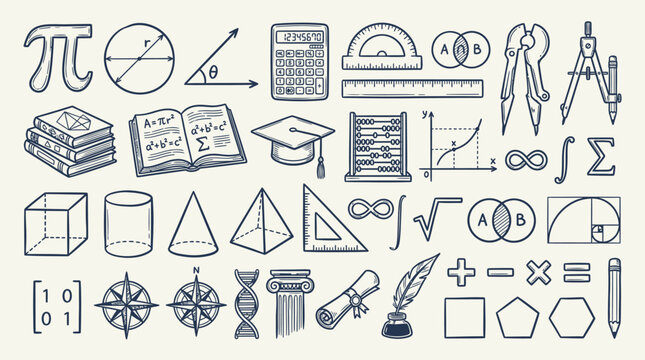 A comprehensive collection of hand-drawn mathematical symbols, geometric shapes, and scientific instruments, illustrating various branches of mathematics and science.