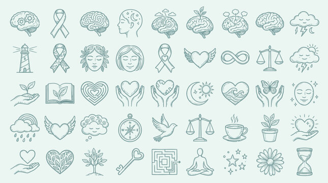 A collection of hand-drawn icons representing mental health, well-being, and personal growth, including brains, hearts, nature, and symbols of peace and balance.