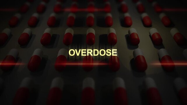 Overdose Text over Manufactured Pill Conveyor Belt Animation