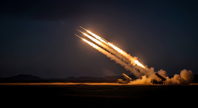 Multiple Rocket Artillery System Launching Simultaneous Fire Missiles at Night over Desert Terrain - Military Ground Forces Combat Editorial Concept
