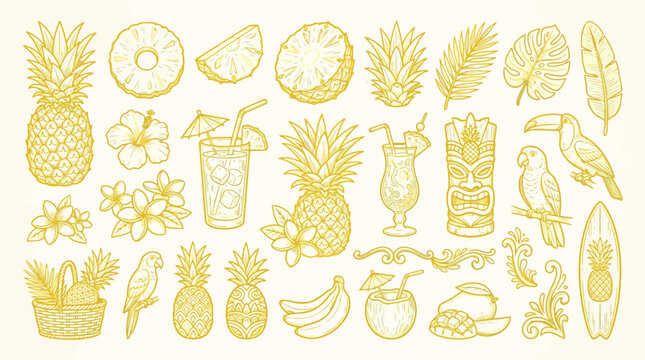 A vibrant collection of tropical-themed illustrations featuring pineapples, exotic fruits, tropical birds, flowers, tiki masks, and refreshing beverages, perfect for summer or vacation designs.