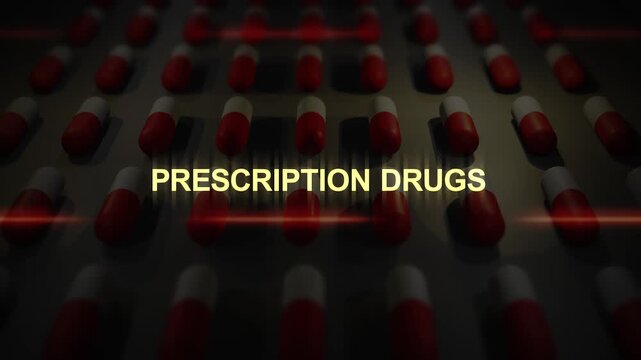 Prescription Drugs Text over Manufactured Pill Conveyor Belt Animation