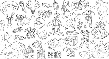 Doodle-style Base Jumping Equipment: Parachutes, Wingsuits  Gear Hand-Drawn Vector Illustration © kulinadsgn