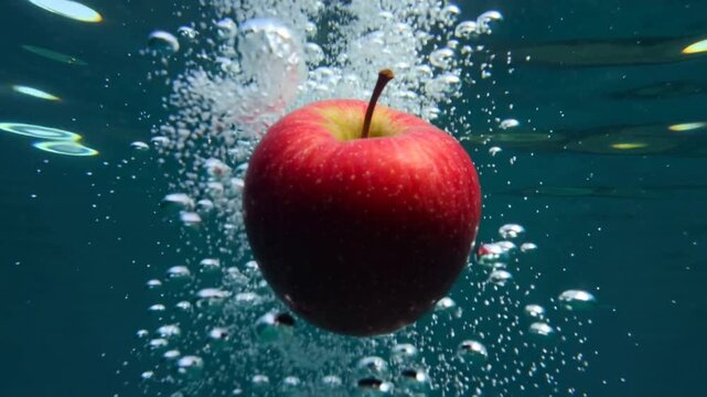 Dropping single red apple descending underwater, forming expanding bubble plume toward lit surface