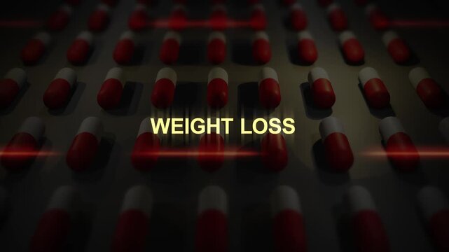 Weight Loss Text over Manufactured Pill Conveyor Belt Animation