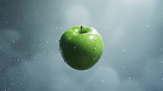 Dropping above green apple rotating, settling at center, revealing droplets on skin against clouds