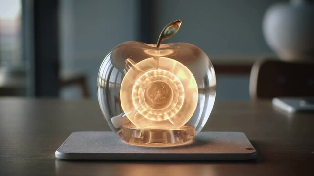 Glowing apple indicating powering-up as rotor rotating and light growing on pad on table by window