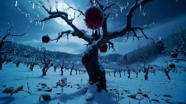 Dollying camera from wide orchard shot, bringing central tree with icicles closer, showing apples