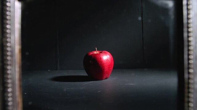 Zooming camera framing red apple into focus in studio with ornate frame, revealing glossy skin