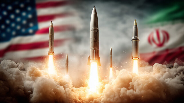 Rising Tensions: A powerful image portraying the potential for conflict as missiles ascend, with the flags of the United States and Iran in the background.