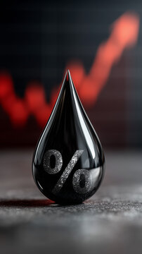 Oil Price Drop: An artistic rendering of a glistening oil droplet, bearing a percentage sign, symbolizes the fluctuation of the global oil market.