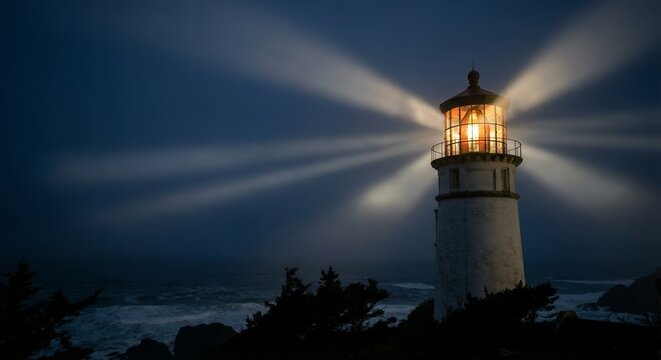 historic lighthouse at night with radiant light beams shining over the ocean coast