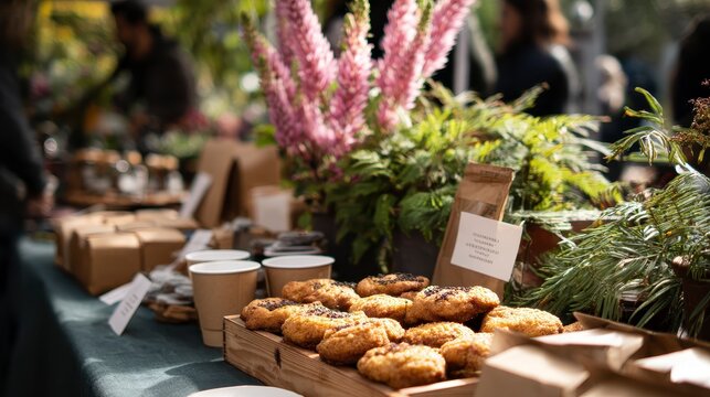 Close-up of baked goods, paper cups, and floral arrangement on a market table, with blurred figures in the background