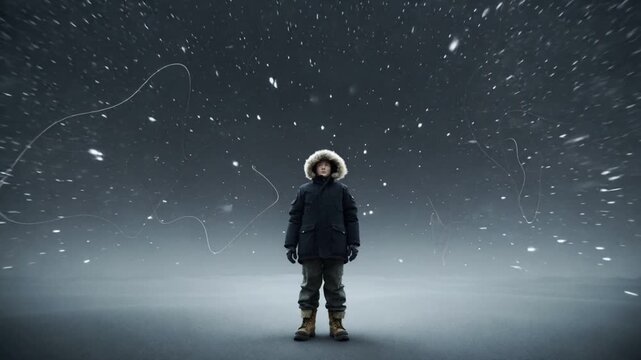 Man standing center studio, light ribbons emerging from sides and swirling around parka for apparel