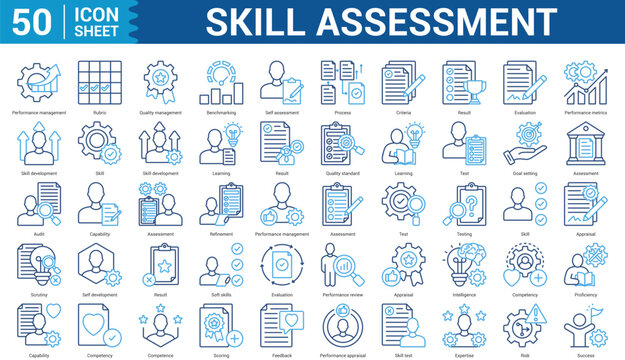  Skill Assessment  editbale Icon Set Collection Concept With Icon Of performance management, rubric, quality management, benchmarking, self assessment, process, criteria, result, and more.
