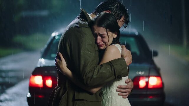 Vertical video: Holding man in coat comforting crying woman in dress in rain at night, sedan lights