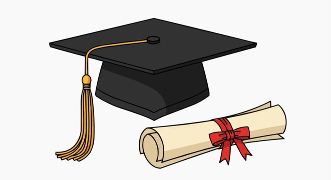 A vector graphic illustration of a graduation cap and diploma