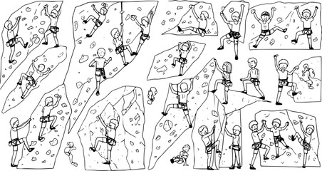 Joyful kids and young adults rock climbing and bouldering in a fun line art illustration, black and white active scene © kulinadsgn