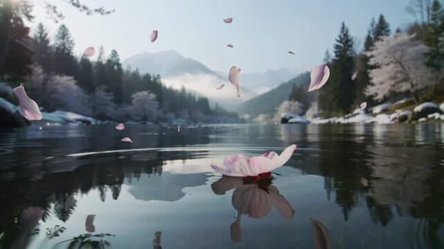 Floating single pink blossom at mountain lake touching water, sending ripples while petals falling