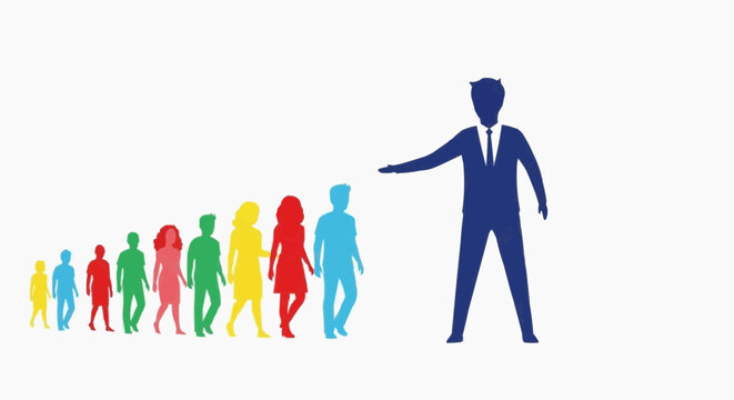A vector graphic illustration of a suited man leading a group of colorful people