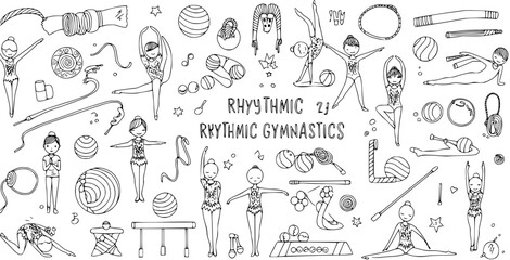 Hand-drawn Rhythmic Gymnastics Doodle Set with Girls and Apparatuses like Ribbons, Balls, Hoops, and Clubs, Isolated on White Background © kulinadsgn