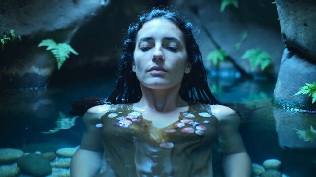 Woman closing eyes, initiating slow breathing, floating upright in grotto pool with petals for spa