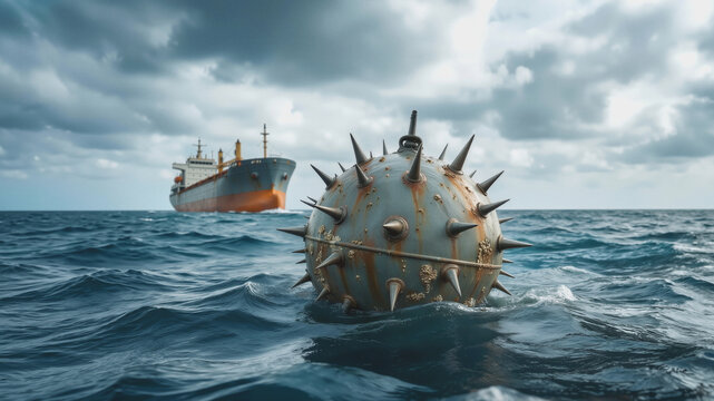 Explosive naval mine positioned in the path of an oncoming freighter. Concept of maritime security threats and naval warfare risks.