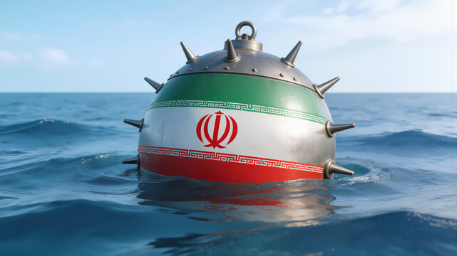 Marine mine featuring Iranian flag floating in open ocean. Concept of naval blockade and maritime defense in international waters.
