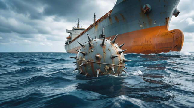 Spiked naval mine floating in path of large cargo ship. Concept of maritime security threats and shipping lane hazards in open ocean.
