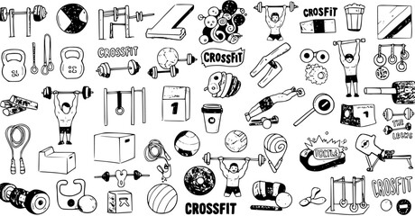 Hand-drawn doodle set of CrossFit and fitness workout gym equipment icons, including weights, barbells, kettlebells, ropes, and athletes on a white background. © kulinadsgn