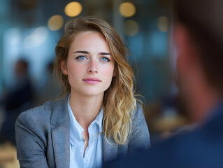 Obraz premium in blazer conducting job interview in bright co