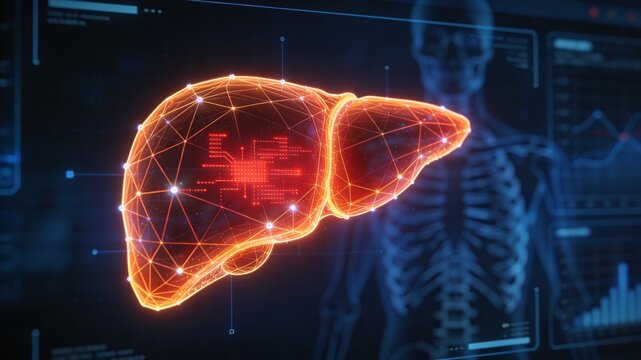 uturistic HUD medical interface scanning a holographic human liver. Glowing orange wireframe organ showing a digital red tumor anomaly against a blue skeleton background. Concept of AI diagnosis and d
