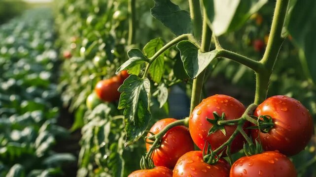 Close-up Of Ripe Red Tomatoes With Water Droplets Growing In Field With Rows Of Plants Blurred In The Background For Healthy Eating Gardening Content